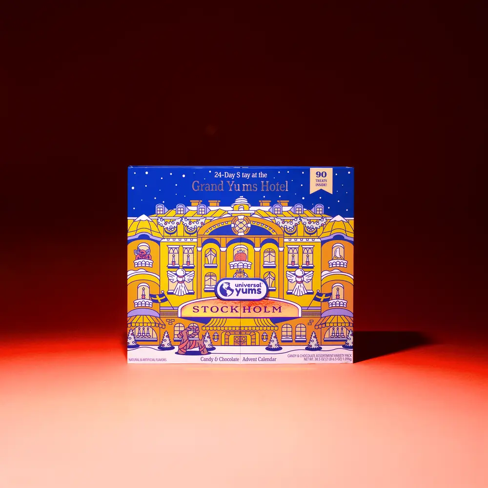 The Grand Yums Hotel Stockholm advent calendar opens, then a few of its doors open to show the treats inside.