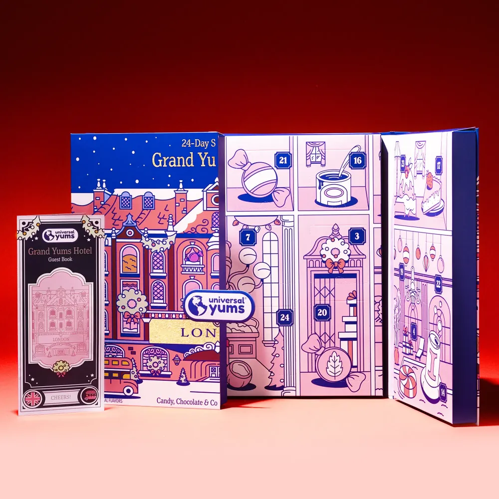 The Grand Yums Hotel London advent calendar opened to its numbered doors, with its guest book.