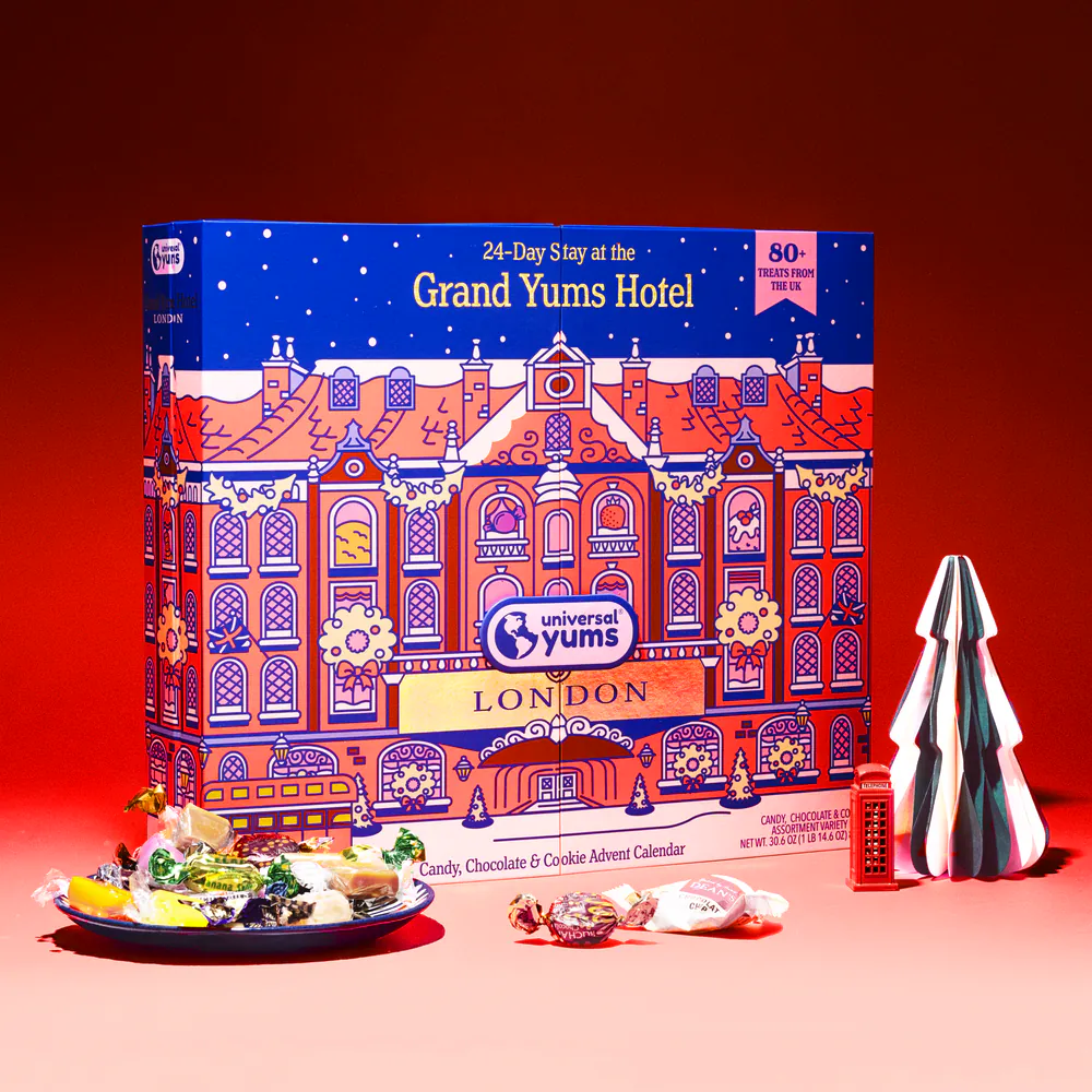 The Grand Yums Hotel London advent calendar with a plate of British candy, a phone box and a paper tree.