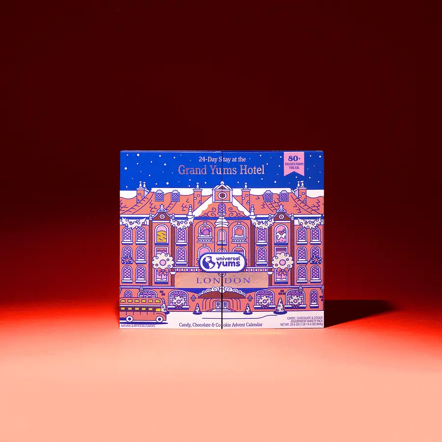 The Grand Yums Hotel London advent calendar on a red background, unfolding to show its numbered doors and the candies behind them.
