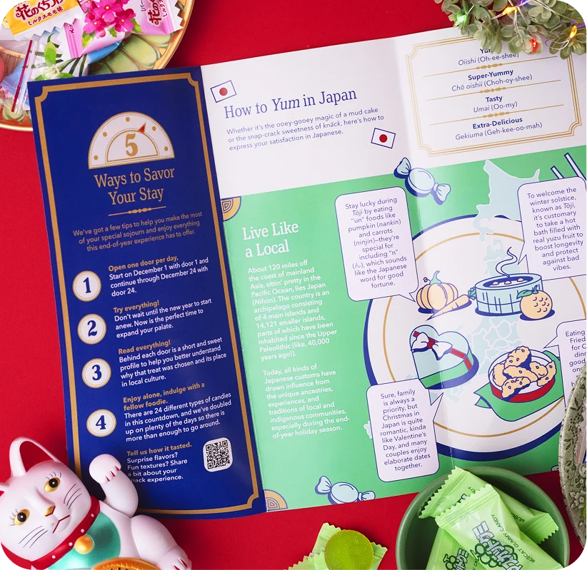 The Grand Yums Hotel Tokyo booklet open on a red table with Japanese candy and a lucky cat.