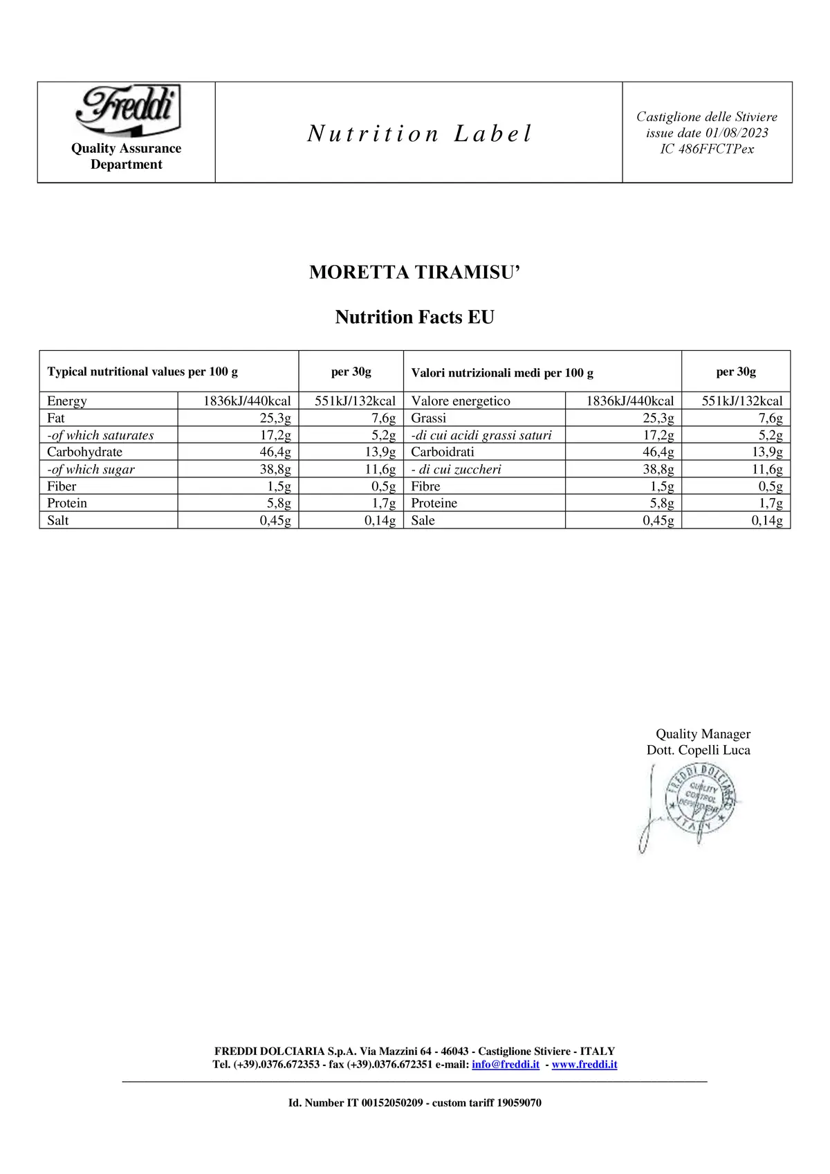 Moretta Tiramisù nutrition facts